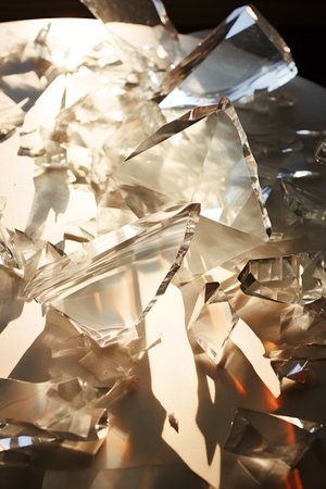 Pieces of broken glass as a background. Shallow depth of field. Toned.の素材