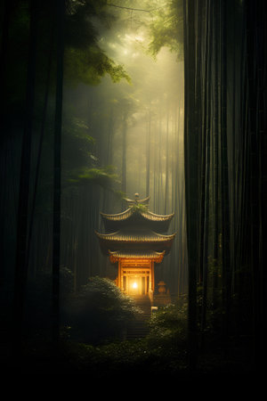 Beautiful japanese temple in the forest with fog. 3d renderingの素材