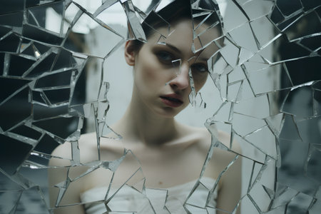 Beautiful girl in a broken mirror. Portrait of a young woman in a mirror.の素材