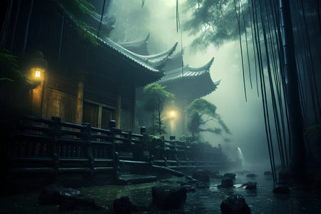 Beautiful Chinese temple in a foggy forest. 3D renderingの素材