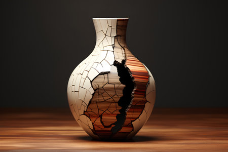 Broken vase on wooden table. 3d render illustration.の素材