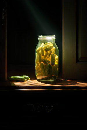 Preserved corn in a glass jar on a window sill, illuminated by the sunの素材