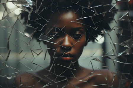 Beautiful african american woman looking through broken glass, fashion portraitの素材