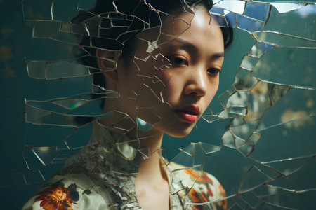 Young beautiful asian woman looking through broken glass on dark background.の素材