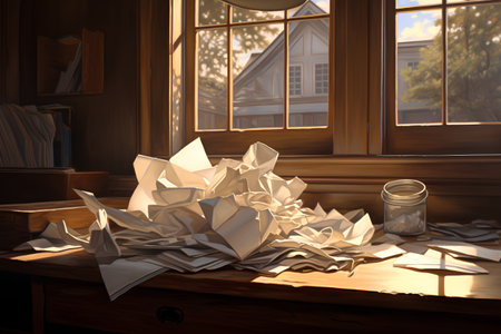 3d rendering of crumpled paper on a desk in a roomの素材