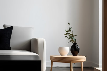 Living room interior with a white sofa and a vase with a plant. 3d rendering mock upの素材