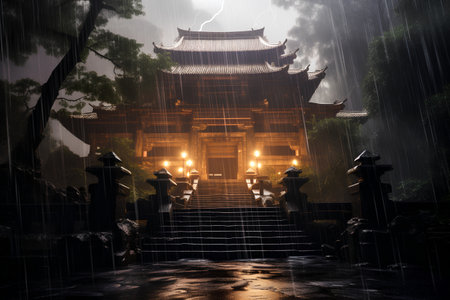 Mysterious temple in the rain at night. 3D renderingの素材