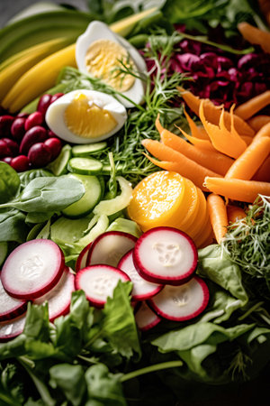 Fresh vegetable salad with radish, carrot, onion, cucumber, dill and egg. Healthy food concept.の素材