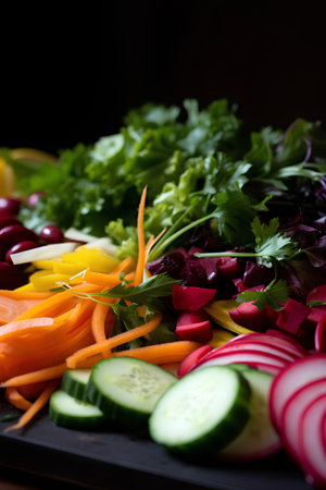 Variety of fresh vegetables on a dark background. Selective focus.の素材