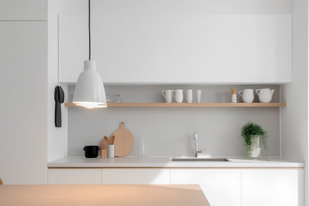 Interior of modern kitchen with white walls, concrete floor, white countertops with built in sink and cooker. 3d renderingの素材