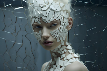 3d rendering of a cyber woman with broken glass. Female faceの素材