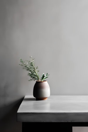Decorative vase with plant on table in front of grey wallの素材