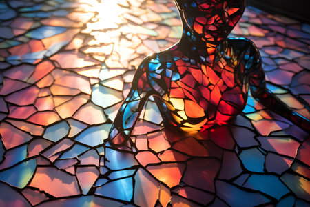 Silhouette of a woman in a stained glass window. 3d renderingの素材