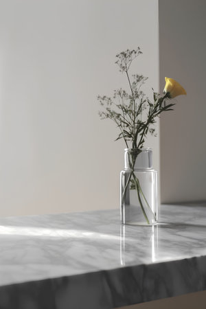 Glass vase with a yellow flower on a white marble countertopの素材