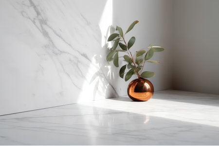 Vase with eucalyptus plant on white marble tableの素材