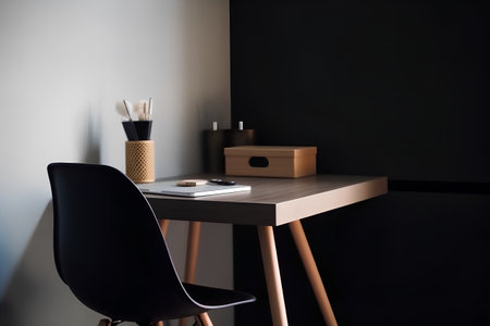 Interior of a modern office with a wooden table and a black chairの素材