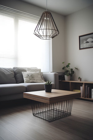 Modern living room interior with sofa, coffee table and bookshelf. 3d renderの素材