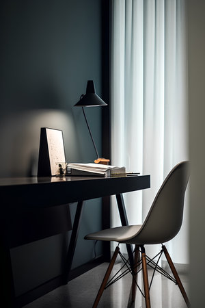 Workplace with computer and books in dark room. 3d renderの素材