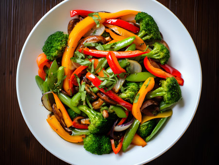 stir-fried vegetables in a plate on a dark wooden backgroundの素材