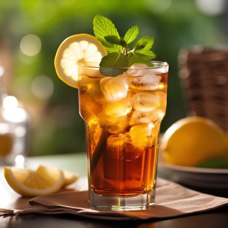 Glass of iced tea with lemon and mint on wooden table.の素材