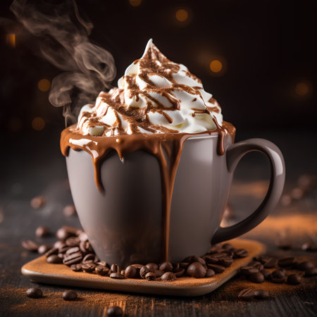 Cup of hot chocolate with whipped cream and coffee beans on wooden tableの素材