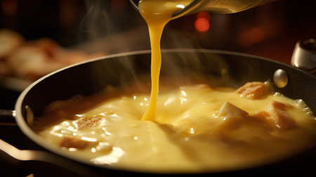 Cheese fondue in pan, close-up, selective focusの素材