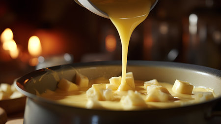 Cheese fondue with melted butter in a pot, closeupの素材