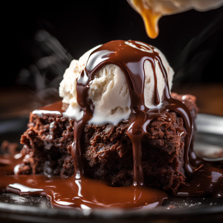 Chocolate Souffle with ice cream and caramel sauce on black backgroundの素材