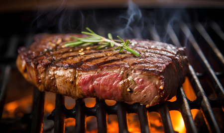 Grilled beef steak with rosemary on a barbecue grill. Toned.の素材