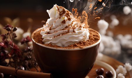 Cup of hot chocolate with whipped cream and cinnamon on wooden backgroundの素材