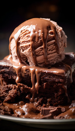 Chocolate ice cream with chocolate syrup on dark background. Selective focus. Toned.の素材