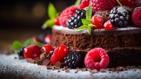 Chocolate cake with berries and mint on a wooden table. Selective focus.の素材