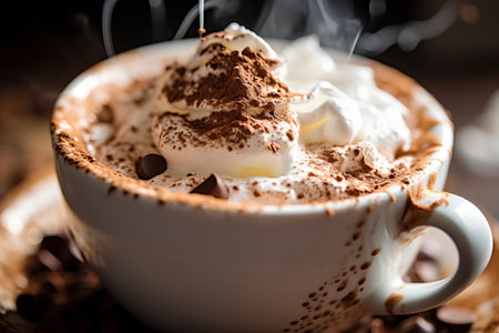 Cup of hot chocolate with whipped cream and chocolate chips on dark backgroundの素材