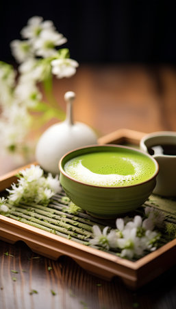 Matcha green tea in a bowl with white flowers on a wooden tableの素材