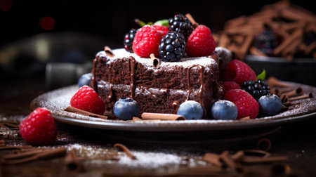 Chocolate cake with berries on a wooden background. Selective focus.の素材