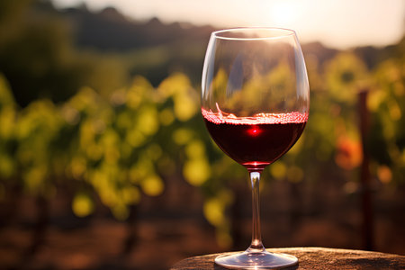 Red wine glass on vineyard in Chianti, Tuscany, Italyの素材