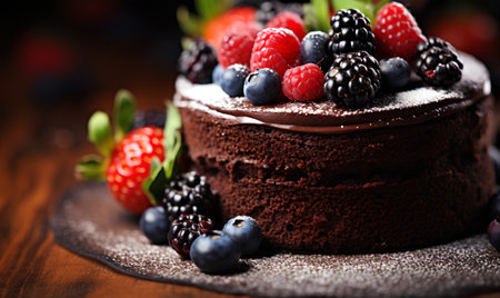 Chocolate cake with berries on a wooden background. Selective focus.の素材