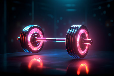Fitness barbell in neon light on dark background. 3d renderingの素材