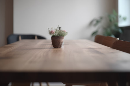 Wooden table and vase with flowers in the dining room.の素材