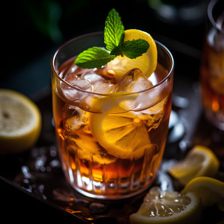 glass of iced tea with lemon and mint on a dark backgroundの素材