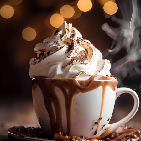 Cup of hot chocolate with whipped cream and cocoa powder on wooden background.の素材