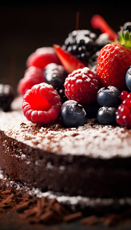 Chocolate cake with fresh berries on dark background. Selective focus.の素材