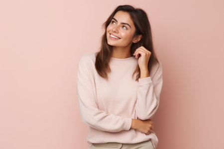 Portrait of a beautiful young brunette woman in casual clothes, looking away and smiling, standing against pink backgroundの素材