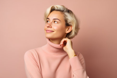 Portrait of a beautiful woman with short blond hair in a pink sweater on a pink backgroundの素材