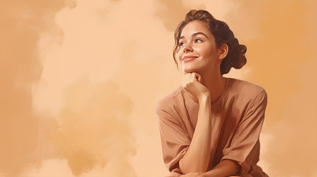 Portrait of beautiful young woman in beige shirt. Studio shot.の素材