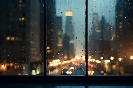 Raindrops on the window with cityscape in the background at nightの素材