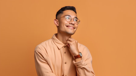 Handsome young asian man in eyeglasses smiling and looking away isolated over orange backgroundの素材