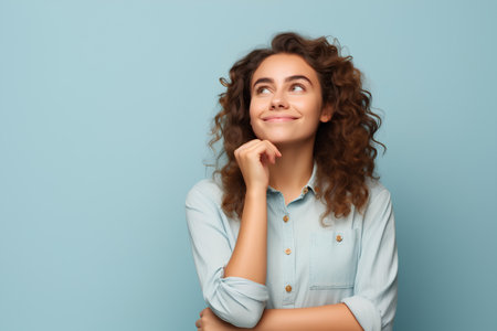 Thoughtful young woman with curly hair looking up over blue backgroundの素材