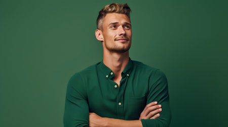 Portrait of handsome young man in green shirt on green background.の素材