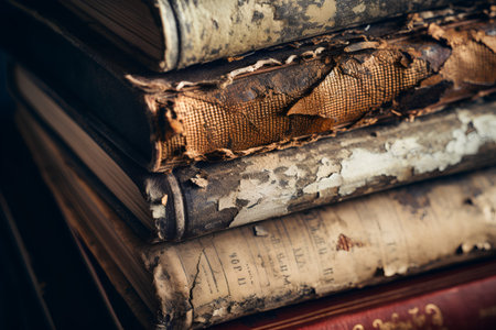 Stack of old books. Vintage style toned picture. Selective focus.の素材